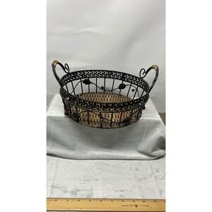 Wrought Iron and Wicker Round Decorative Basket with Handles Leaf Accents Black